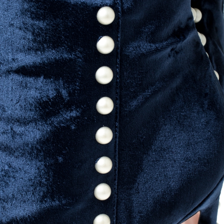 Pre Owned Aquazzura Navy Blue Velvet Follie Pearls Ankle Boots Size 40.5