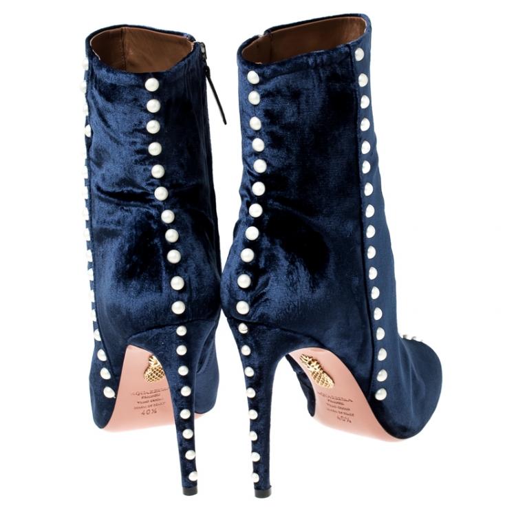 Pre Owned Aquazzura Navy Blue Velvet Follie Pearls Ankle Boots Size 40.5