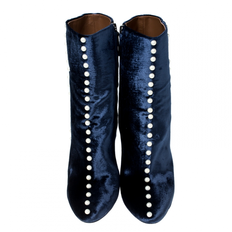 Pre Owned Aquazzura Navy Blue Velvet Follie Pearls Ankle Boots Size 40.5