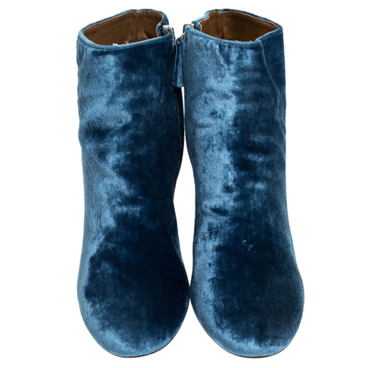 Pre Owned Aquazzura Blue Velvet  Brooklyn Ankle Boots Size 39.5