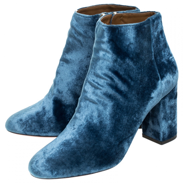 Pre Owned Aquazzura Blue Velvet  Brooklyn Ankle Boots Size 39.5