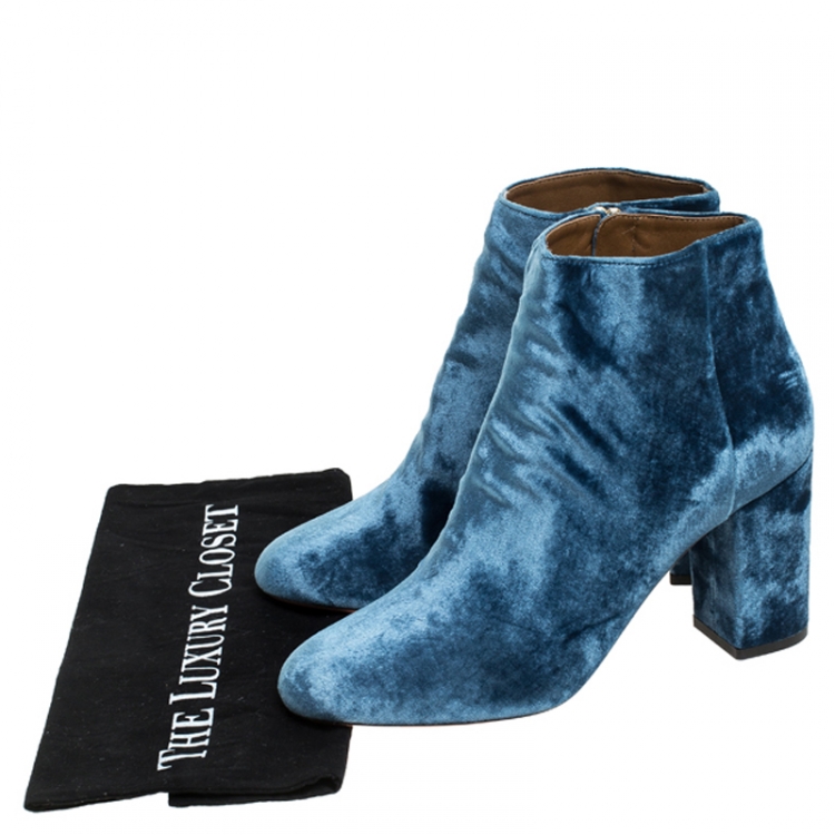 Pre Owned Aquazzura Blue Velvet  Brooklyn Ankle Boots Size 39.5