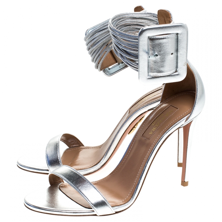 Pre Owned Aquazzura Silver Leather Casablanca Ankle Cuff Sandals Size 36.5