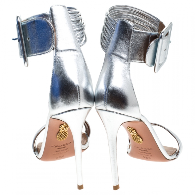 Pre Owned Aquazzura Silver Leather Casablanca Ankle Cuff Sandals Size 36.5