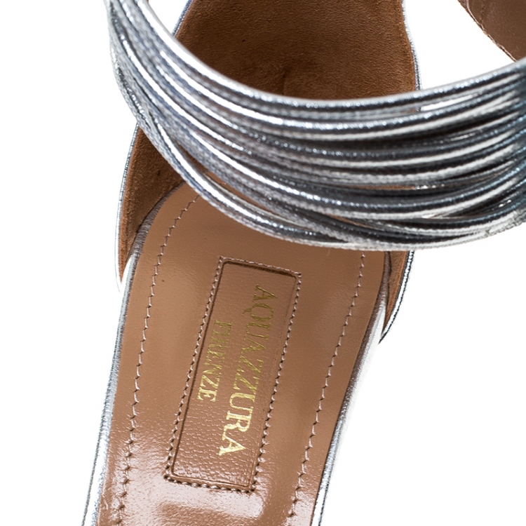 Pre Owned Aquazzura Silver Leather Casablanca Ankle Cuff Sandals Size 36.5