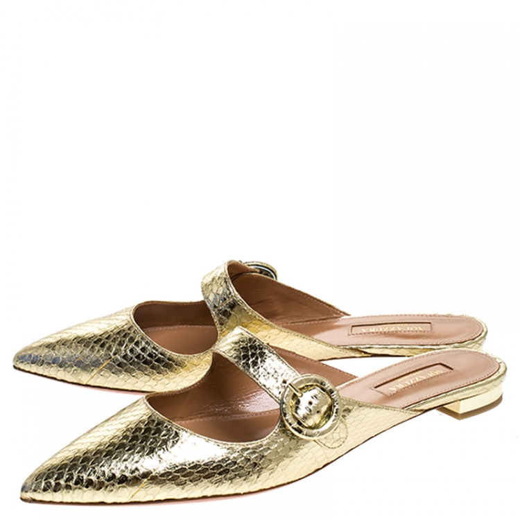 Pre Owned Aquazzura Gold Snake Leather Blossom Pointed Toe Flat Mules Size 39