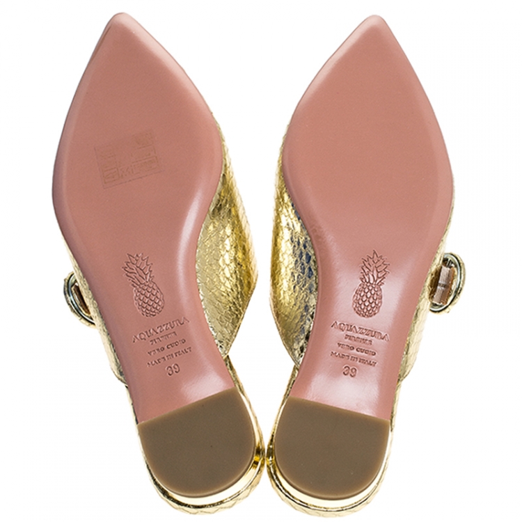Pre Owned Aquazzura Gold Snake Leather Blossom Pointed Toe Flat Mules Size 39