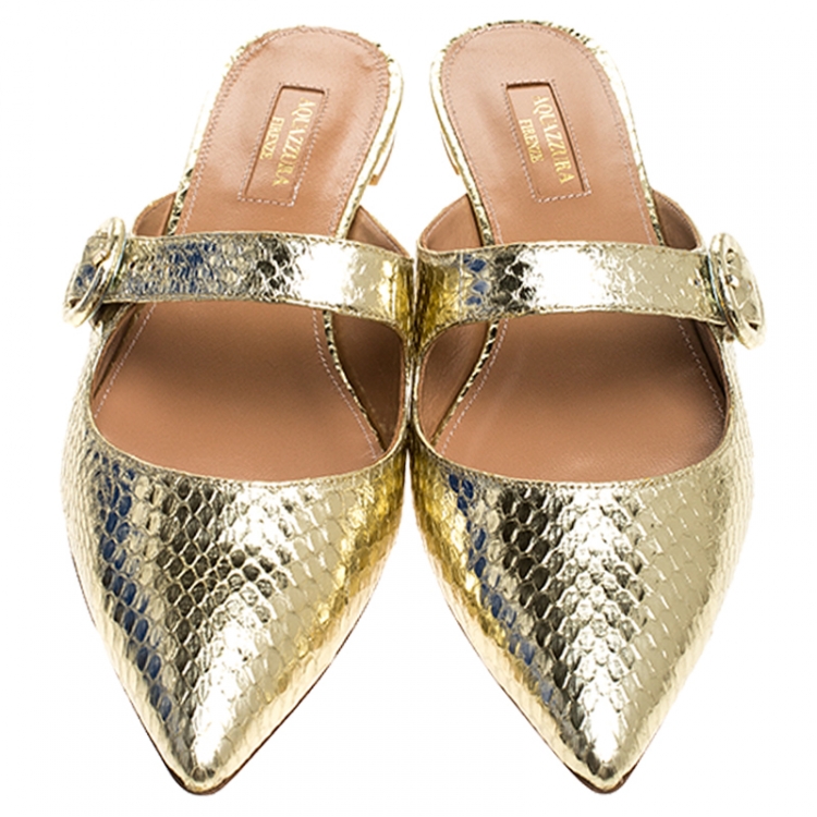 Pre Owned Aquazzura Gold Snake Leather Blossom Pointed Toe Flat Mules Size 39