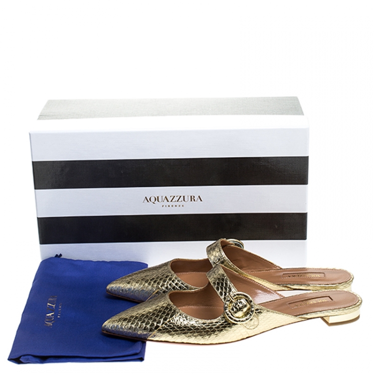 Pre Owned Aquazzura Gold Snake Leather Blossom Pointed Toe Flat Mules Size 39