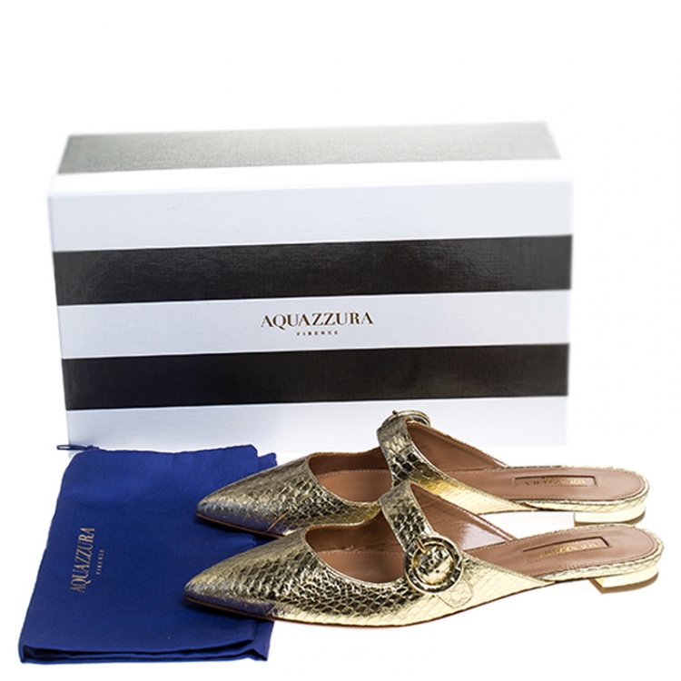 Pre Owned Aquazzura Metallic Gold Snake Leather Blossom Pointed Toe Flat Mules Size 37.5