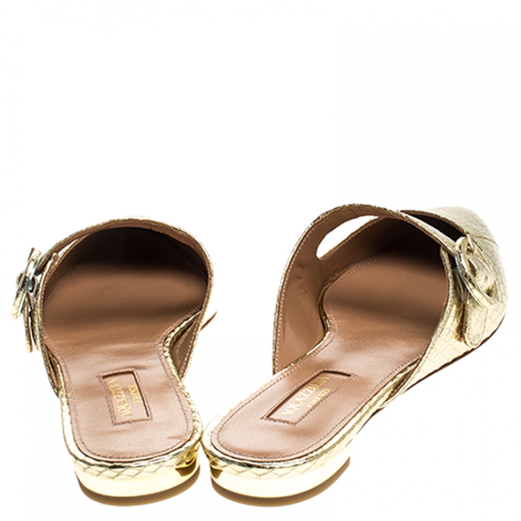 Pre Owned Aquazzura Metallic Gold Snake Leather Blossom Pointed Toe Flat Mules Size 37.5