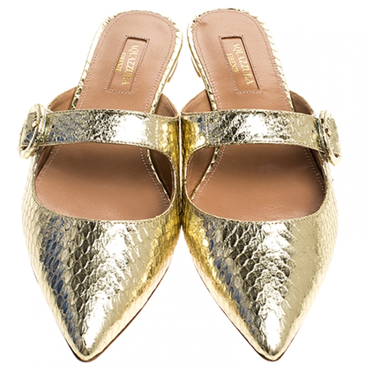 Pre Owned Aquazzura Metallic Gold Snake Leather Blossom Pointed Toe Flat Mules Size 37.5