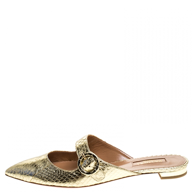 Pre Owned Aquazzura Metallic Gold Snake Leather Blossom Pointed Toe Flat Mules Size 37.5