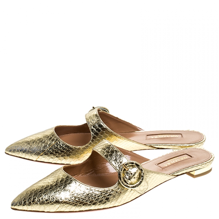 Pre Owned Aquazzura Metallic Gold Snake Leather Blossom Pointed Toe Flat Mules Size 37.5