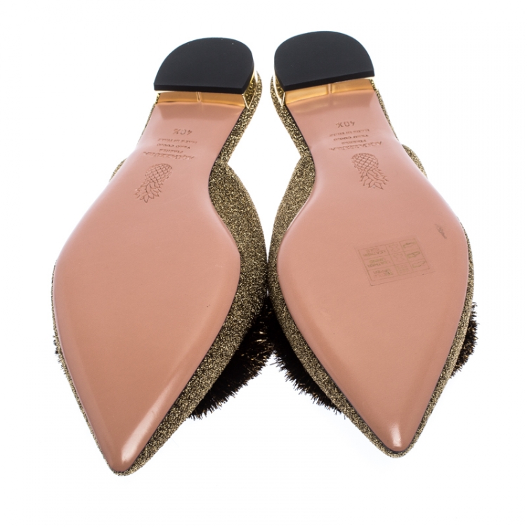 Pre Owned Aquazzura Gold/Black Lame Fabric And Powder Puff Pom Pom Flat Slides Size 40.5