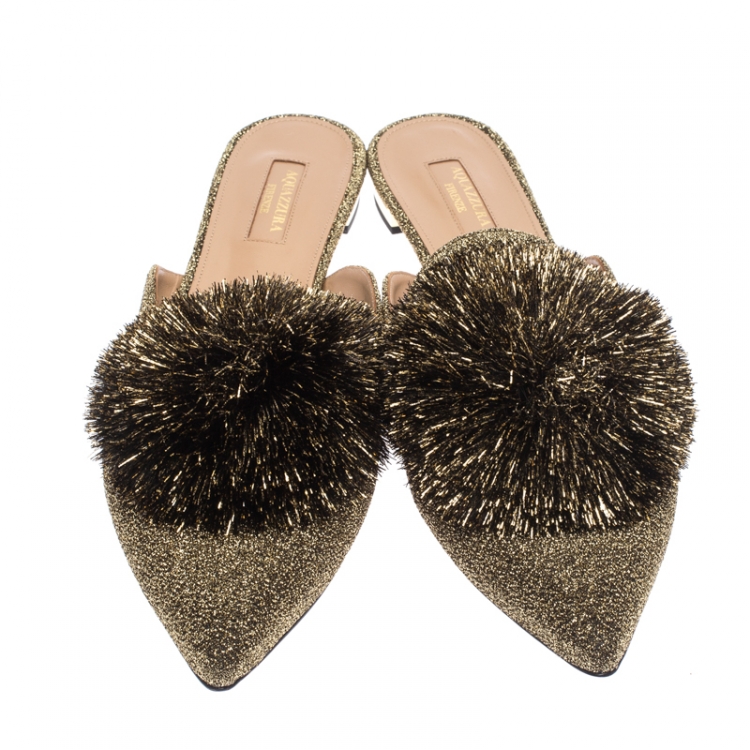 Pre Owned Aquazzura Gold/Black Lame Fabric And Powder Puff Pom Pom Flat Slides Size 40.5
