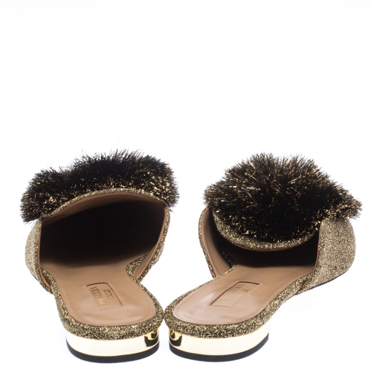 Pre Owned Aquazzura Gold/Black Lame Fabric And Powder Puff Pom Pom Flat Slides Size 40.5