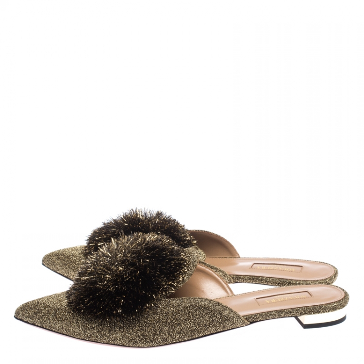 Pre Owned Aquazzura Gold/Black Lame Fabric And Powder Puff Pom Pom Flat Slides Size 40.5