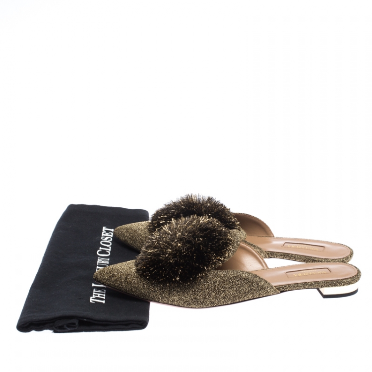 Pre Owned Aquazzura Gold/Black Lame Fabric And Powder Puff Pom Pom Flat Slides Size 40.5