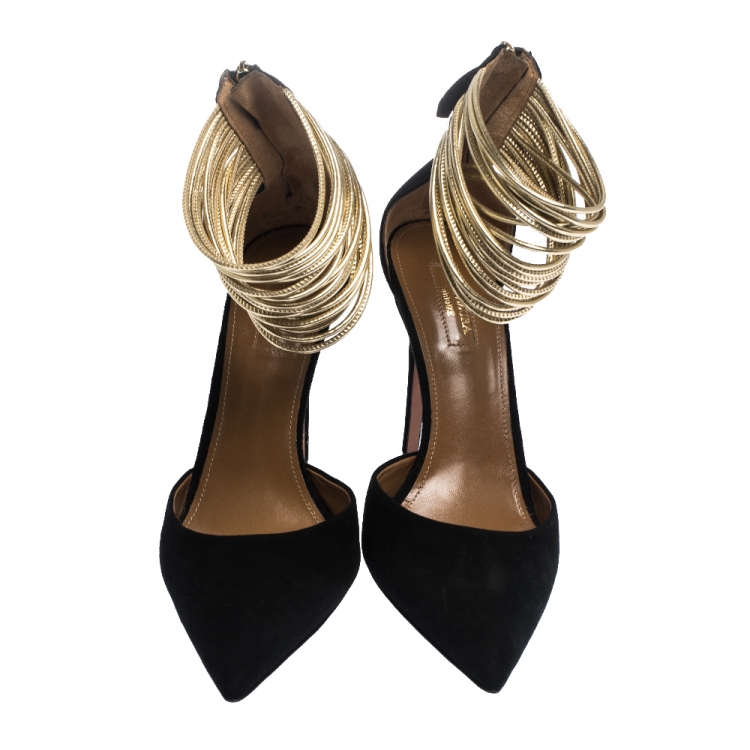 Pre Owned Aquazzura Black Suede Hello Lover Ankle Strap Pumps Size 41