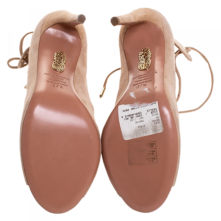 Pre Owned Aquazzura Beige Suede Tango Curvy Lace Up Sandals Size 37.5