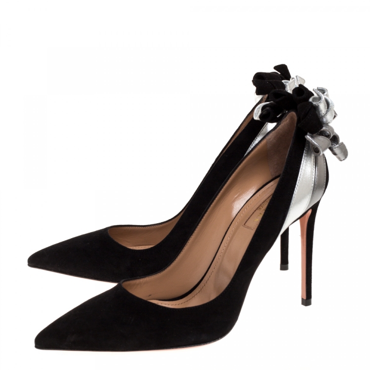 مملوكة مسبقًا Aquazzura Black/Silver Suede and Leather Fire Pumps Size 36.5