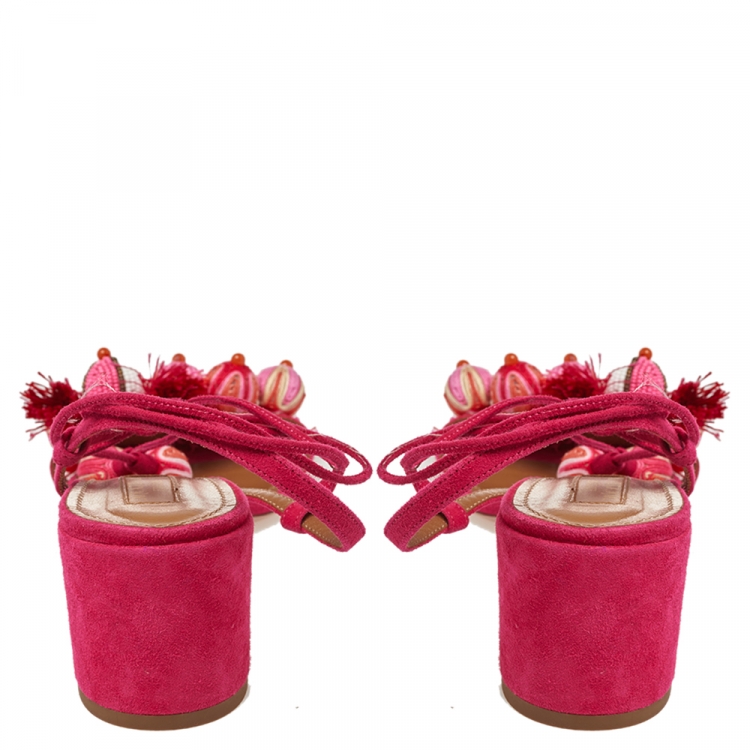 Pre Owned Aquazzura Paradise Pink Suede Tropicana Tasseled Beaded Ankle Tie Sandals Size 39