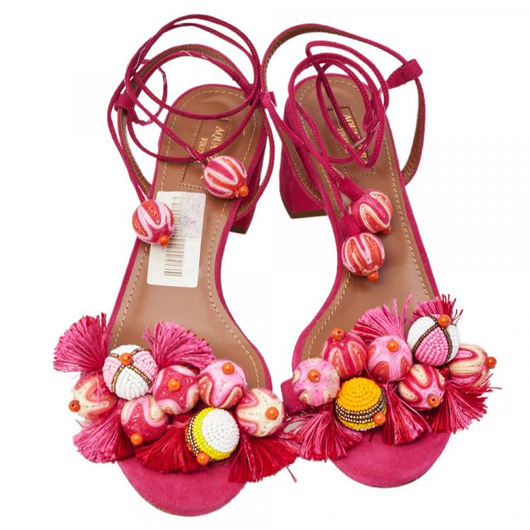 Pre Owned Aquazzura Paradise Pink Suede Tropicana Tasseled Beaded Ankle Tie Sandals Size 39