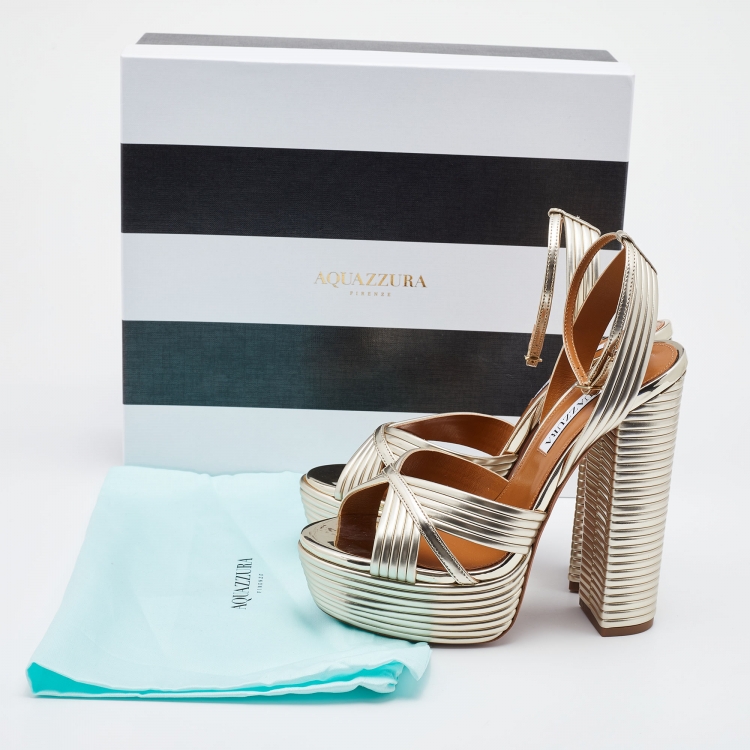 Pre Owned Aquazzura Gold Patent Leather Sundance Ankle Strap Platform Sandals Size 38
