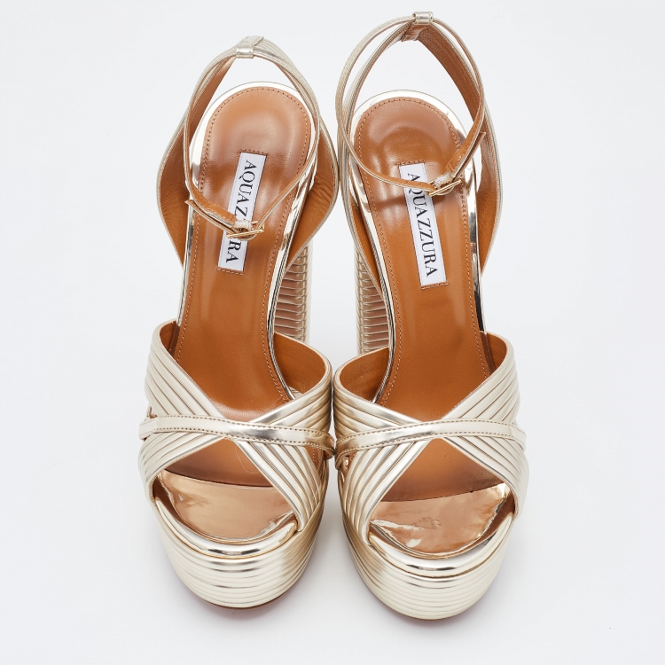 Pre Owned Aquazzura Gold Patent Leather Sundance Ankle Strap Platform Sandals Size 38
