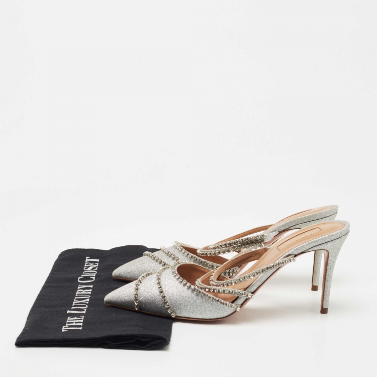 مملوكة مسبقًا Aquazzura Silver Glitter Crystal Embellished Mules Size 37