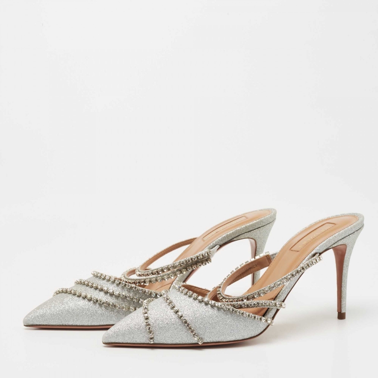 مملوكة مسبقًا Aquazzura Silver Glitter Crystal Embellished Mules Size 37
