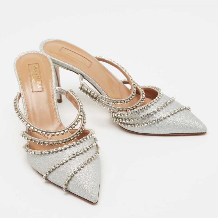 مملوكة مسبقًا Aquazzura Silver Glitter Crystal Embellished Mules Size 37