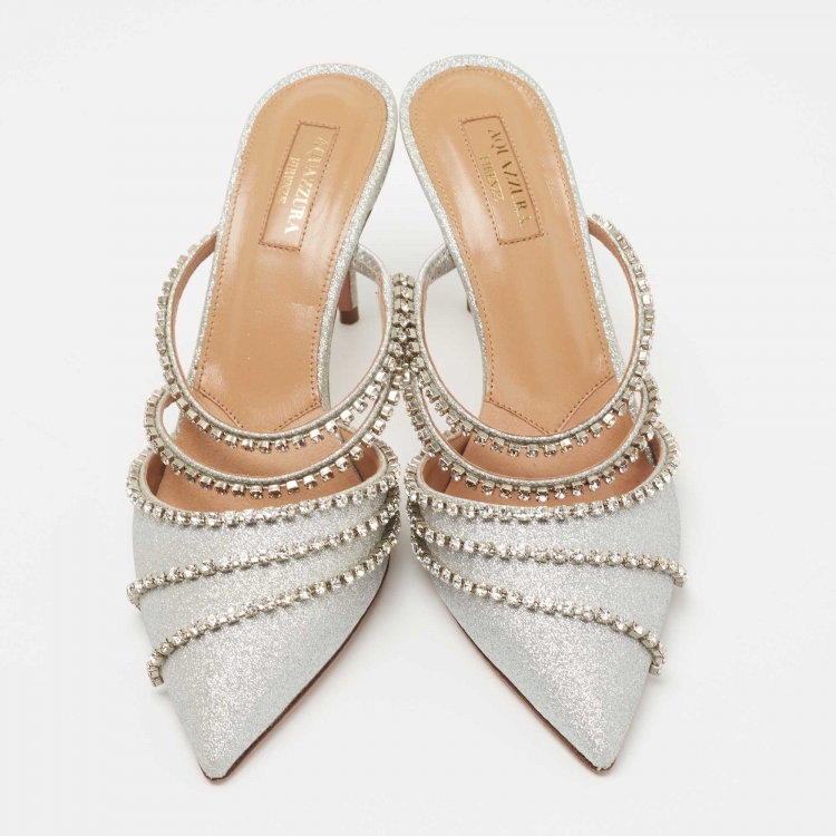 مملوكة مسبقًا Aquazzura Silver Glitter Crystal Embellished Mules Size 37