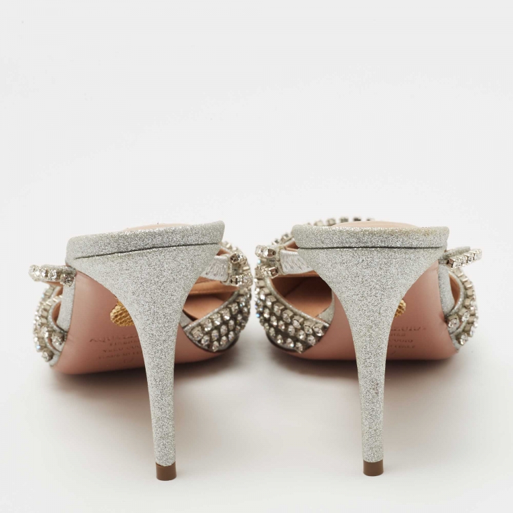 مملوكة مسبقًا Aquazzura Silver Glitter Crystal Embellished Mules Size 37