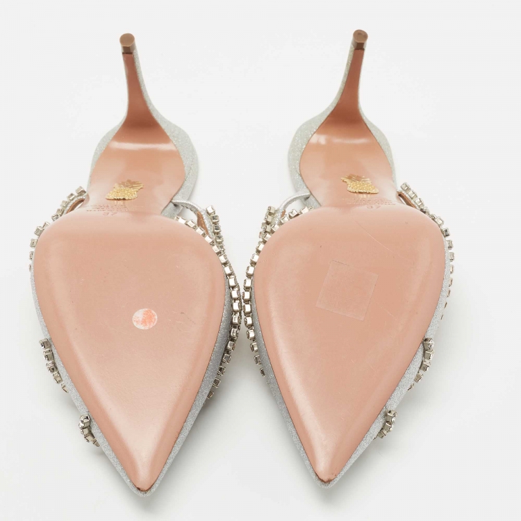 مملوكة مسبقًا Aquazzura Silver Glitter Crystal Embellished Mules Size 37