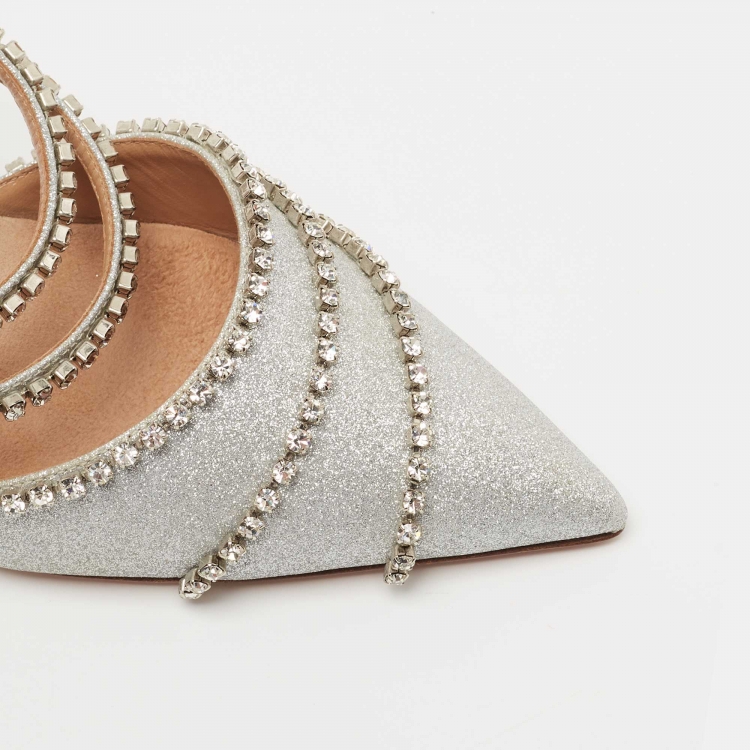 مملوكة مسبقًا Aquazzura Silver Glitter Crystal Embellished Mules Size 37