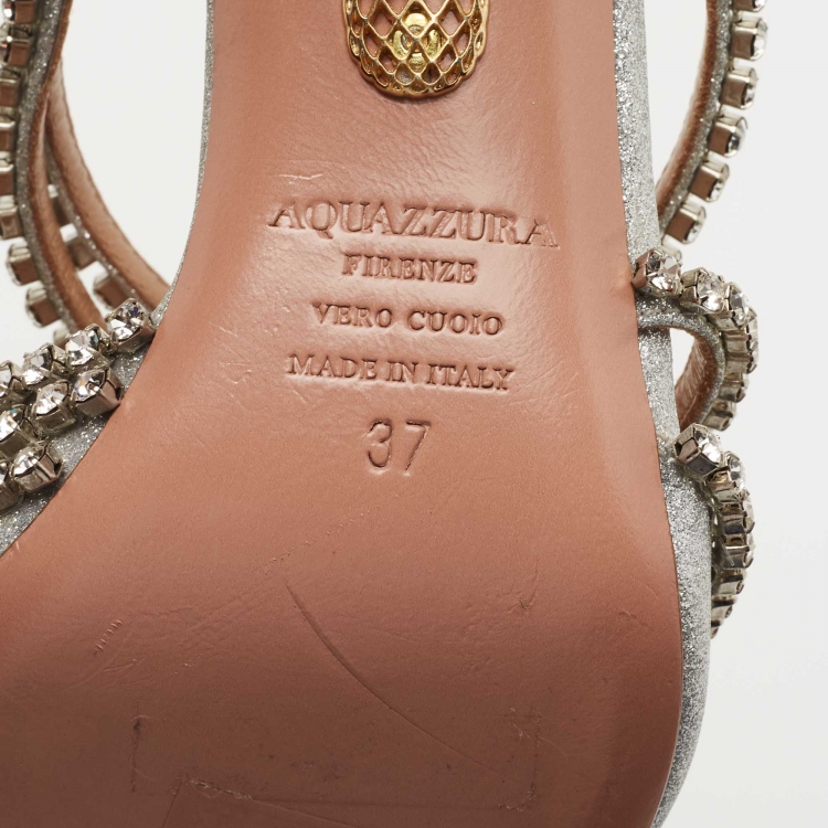 مملوكة مسبقًا Aquazzura Silver Glitter Crystal Embellished Mules Size 37