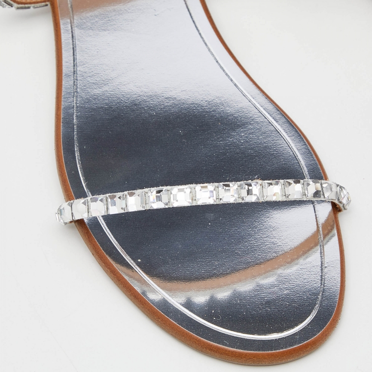 Pre Owned Aquazzura Silver Suede Crystal Embellished Flat Slide Size 36