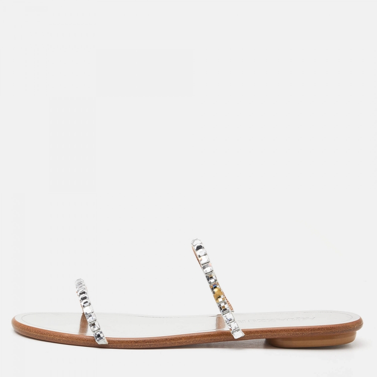Pre Owned Aquazzura Silver Suede Crystal Embellished Flat Slide Size 36