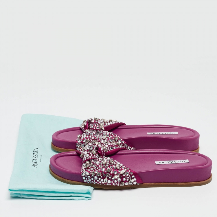 Pre Owned Aquazzura Magenta Satin Asja Crystals Slide Flats Size 40
