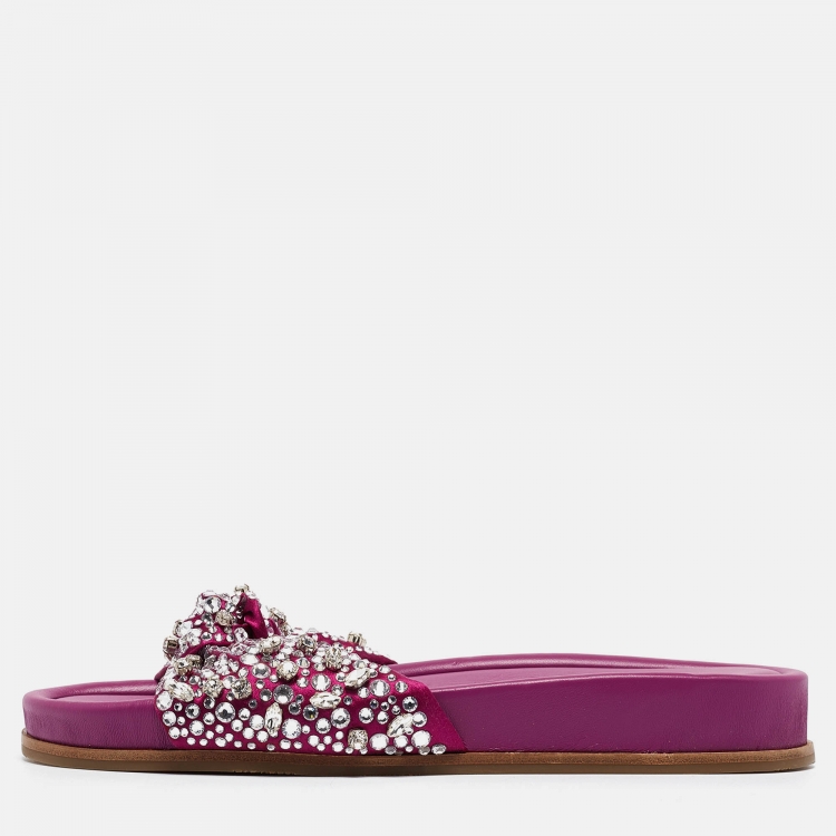 Pre Owned Aquazzura Magenta Satin Asja Crystals Slide Flats Size 40
