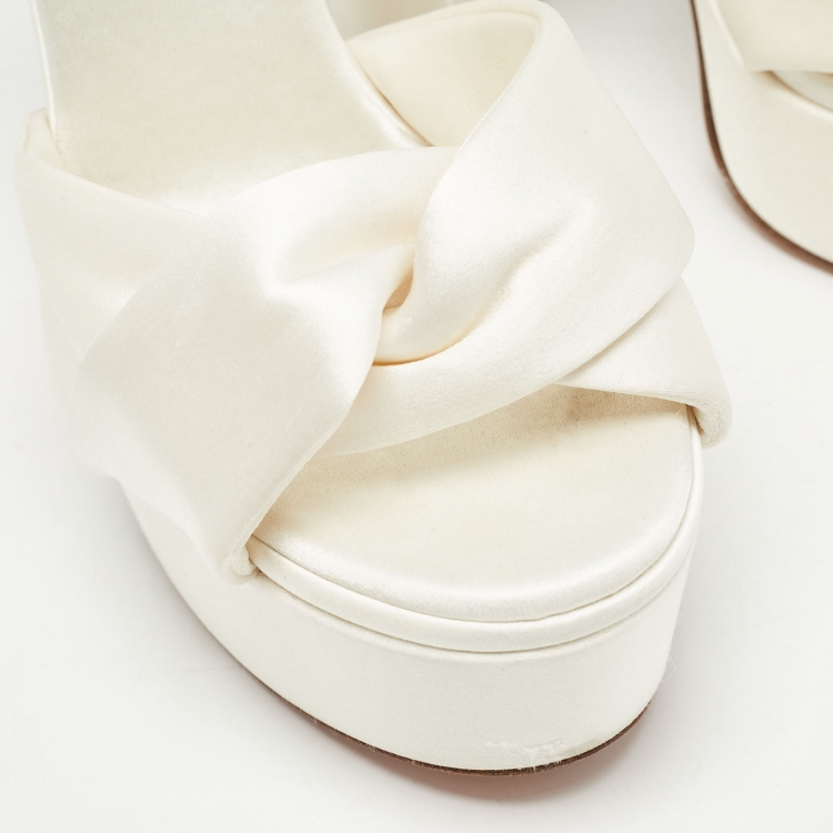 Pre Owned Aquazzura White Satin Bow Platform Ankle Strap Sandals Size 37