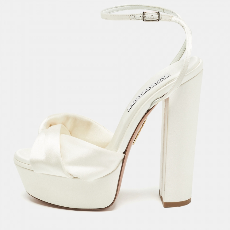 Pre Owned Aquazzura White Satin Bow Platform Ankle Strap Sandals Size 37