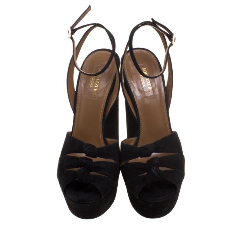 Pre Owned Aquazzura Black Knotted Suede Mira Block Heel Platform Sandals Size 36.5