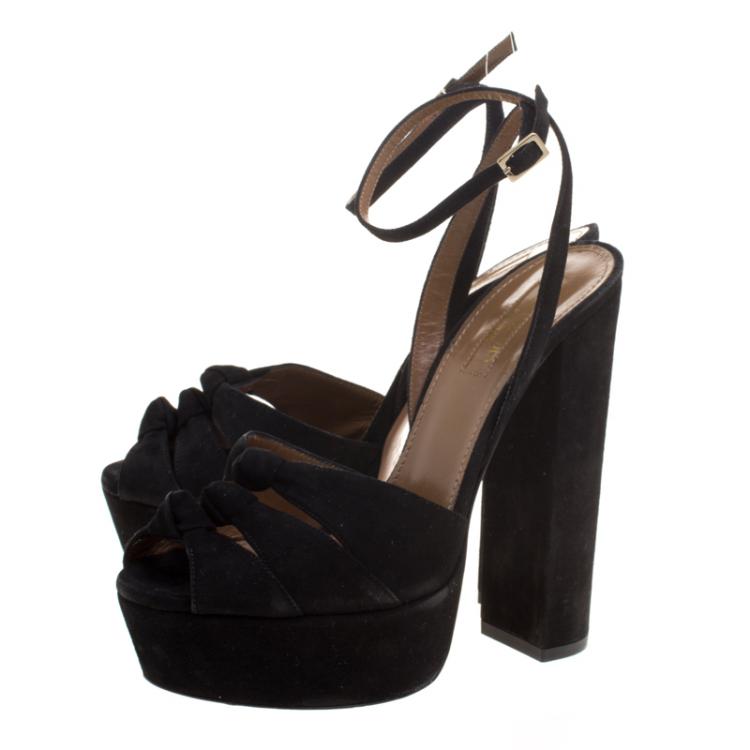 Pre Owned Aquazzura Black Knotted Suede Mira Block Heel Platform Sandals Size 36.5