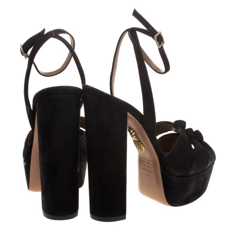 Pre Owned Aquazzura Black Knotted Suede Mira Block Heel Platform Sandals Size 36.5