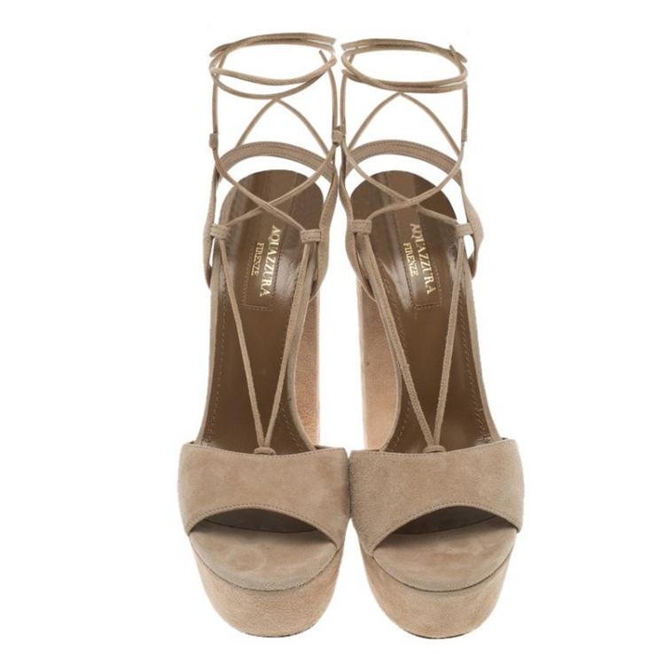 Pre Owned Aquazzura Beige Suede Austin Plateau Lace Up Platform Sandals Size 36.5