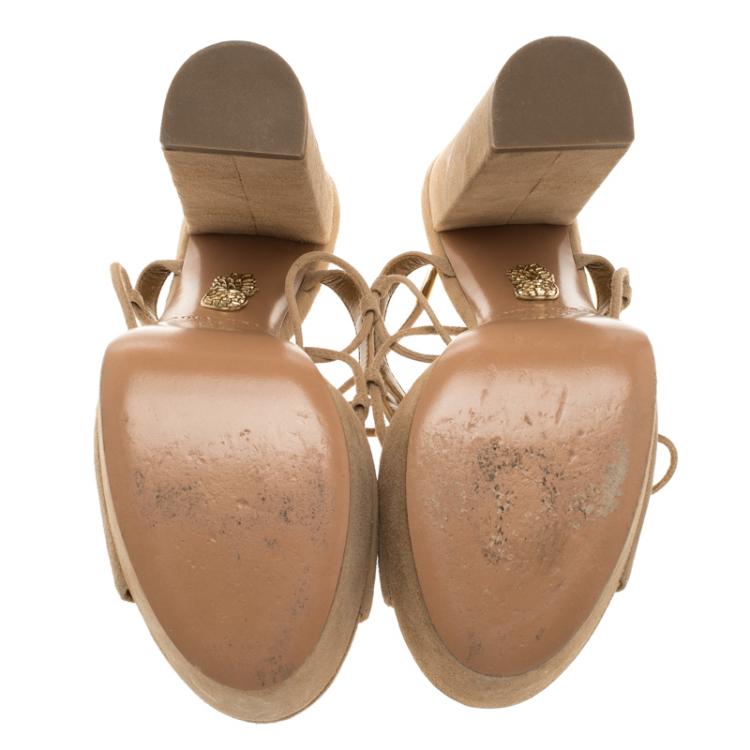 Pre Owned Aquazzura Beige Suede Austin Plateau Lace Up Platform Sandals Size 36.5