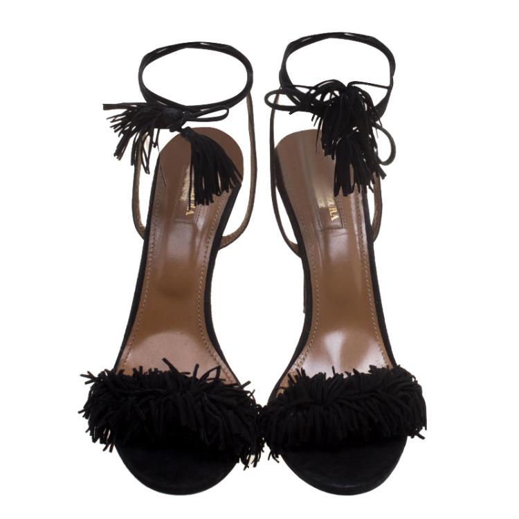 Pre Owned Aquazzura Black Fringed Suede Wild Thing Ankle Wrap Sandals Size 40.5